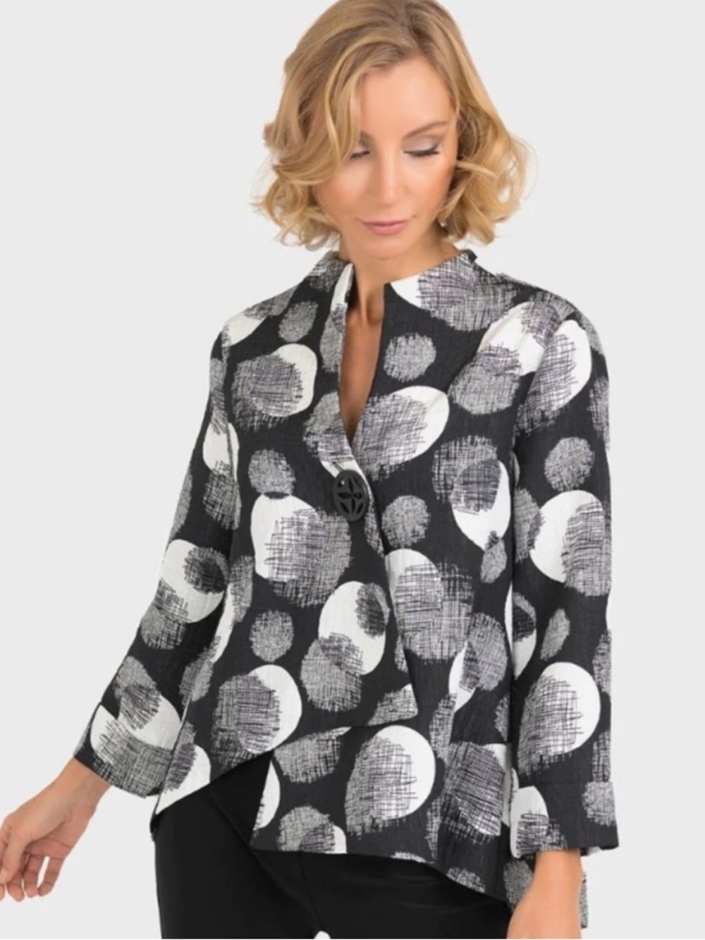 Joseph Ribkoff Polka Dot Jacket Asym Blazer B&W 3/4 Sleeve Size 4 lagenlook